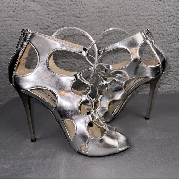 Jimmy Choo Shoes Womens 10 Silver Diffuse Mirror Leather Strappy Lace Up - Picture 1 of 7